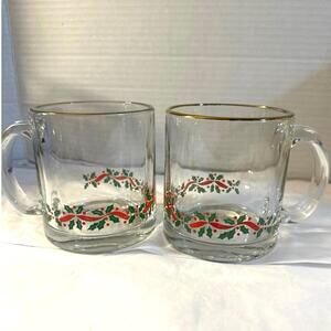 Vintage Libbey clear glass Christmas mugs w/holly berries leaves & red ribbon